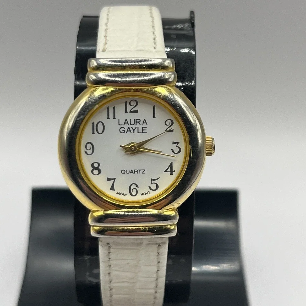 Laura Gayle‎ Gold Tone Quartz Watch White Leather Band- New Battery!